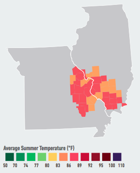 On our current emissions path, residents of St. Louis will see the average number of days over 95°F per year likely double to quadruple within the next 5 to 25 years. The largest increases in electricity consumption will also occur in St. Louis, resulting in a 4 to 15% likely increase in energy costs by mid-century. Data Source: American Climate Prospectus.