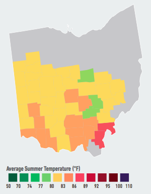 On our current emissions path, residents of Cincinnati, Columbus, and Dayton will see the average number of days over 95°F per year likely increase from 2 over the past 30 years to 5 to 14 likely within the next 5 to 25 years. Higher temperatures will likely raise electricity demand and energy costs, decrease labor productivity, and increase heat-related mortality and violent crime over the course of the century. Data Source: American Climate Prospectus.