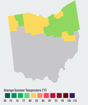 On our current emissions path, residents of Cleveland and Toledo will start to see multiple days per year over 95°F, with 2 to 5 such days likely within the next 5 to 25 years. Higher temperatures will likely raise electricity demand and energy costs, decrease labor productivity, and increase violent crime over the course of the century. Data Source: American Climate Prospectus.