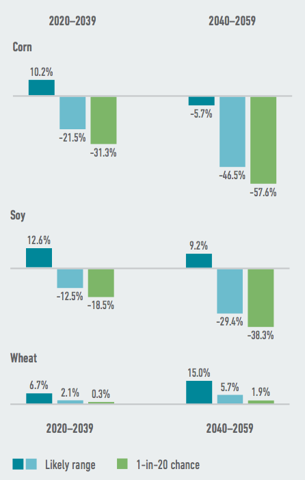 Several of Kentucky’s largest commodity crops face steep potential yield declines as a result of climate change. By mid-century, the state’s corn and soy crops are likely to be reduced by as much as one-third to more than one-half. Source: American Climate Prospectus.