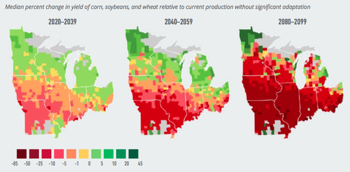 Projected Change in Corn, Soybeans, and Wheat Yields. Data Source: American Climate Prospectus.