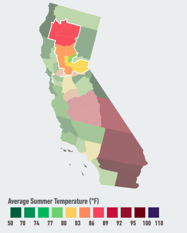 On our current emissions path, residents of the Sacramento Valley region will see the average number of days over 95°F per year likely increase from an average of 38 over the past 30 years to 59 to 72 by mid-century. Higher temperatures will likely raise electricity demand and energy costs, decrease labor productivity, and increase heat-related mortality over the course of the century. Data Source: American Climate Prospectus.
