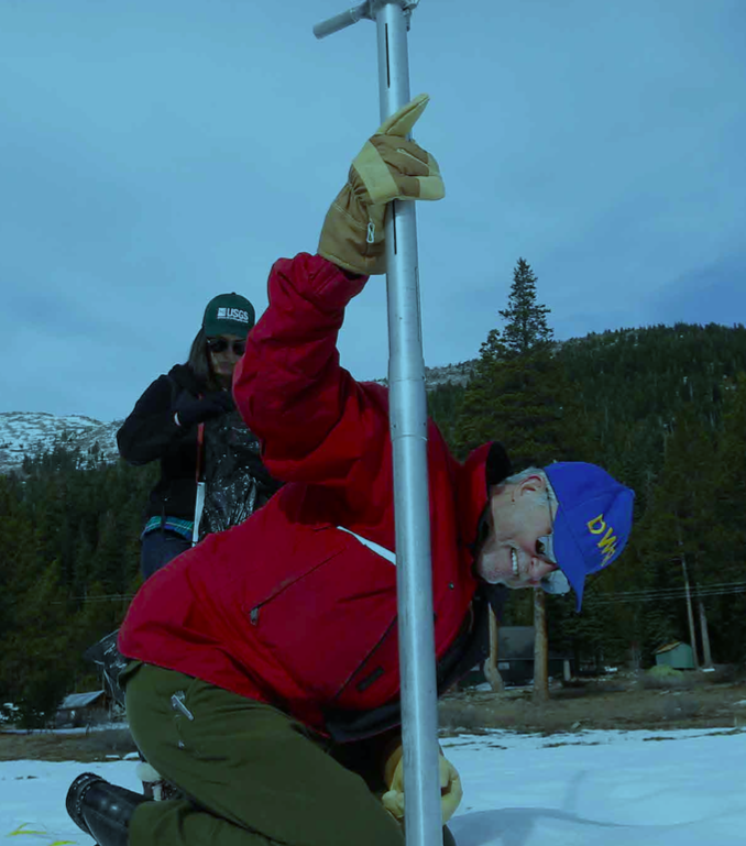Official surveying winter snowpack at Echo Summit, California.